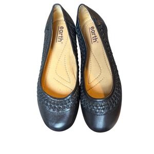 Earth ETJETT Black Leather Woven Trim Ballet Flats Womens 9W Wide Comfort Shoes